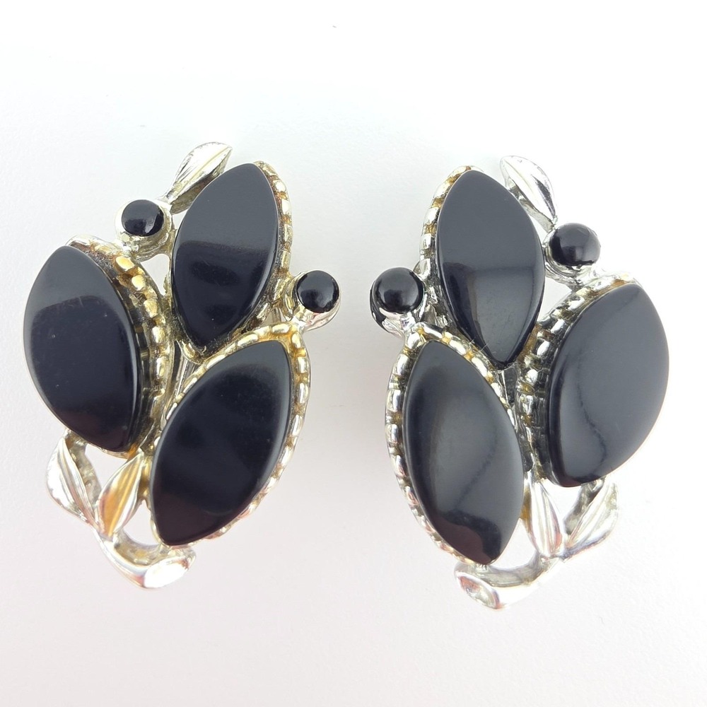 Vintage PAKULA Clip On Earrings Black Thermoset Lucite Leaf Cluster Silver Tone